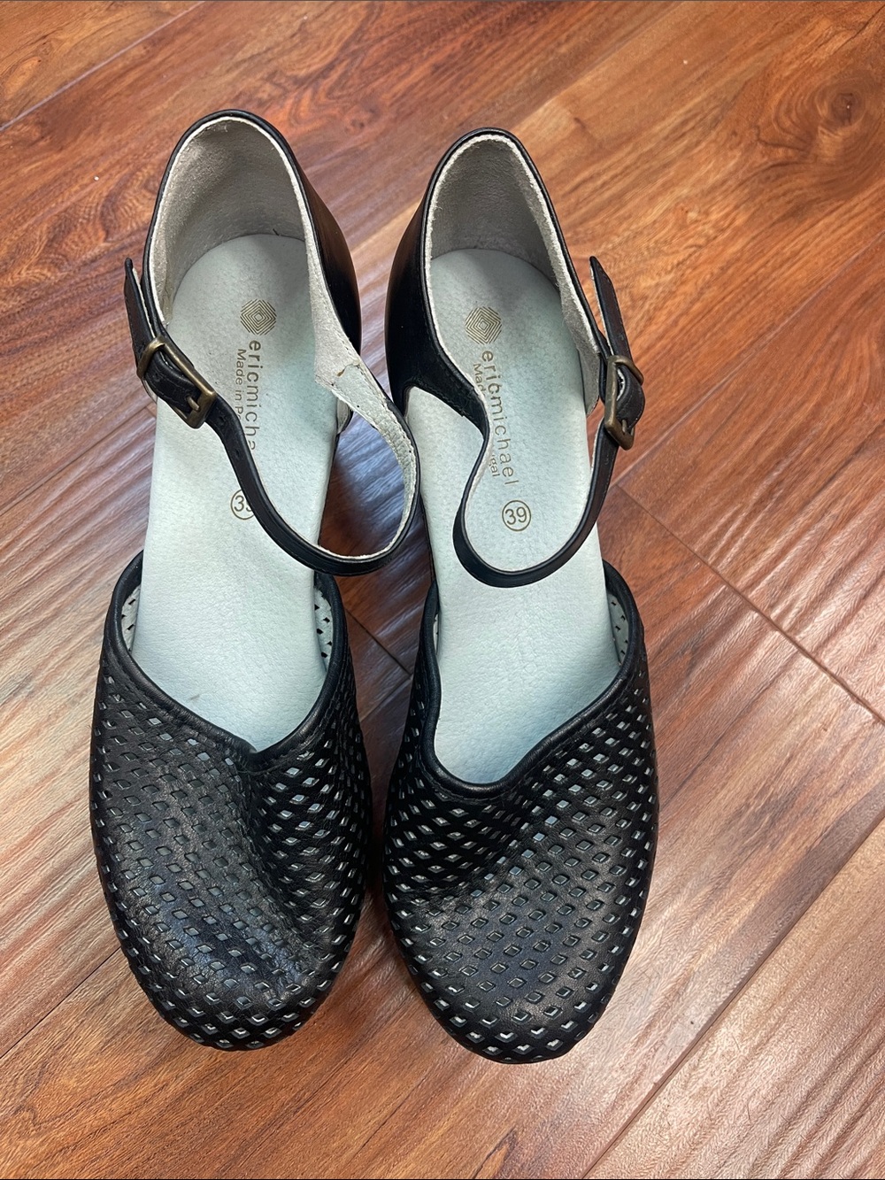 Eric Michael Black Perforated Mary Jane Heels with Ankle Strap